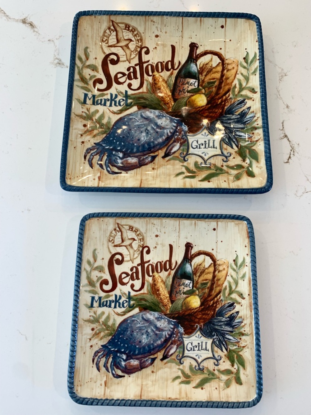 Sea Breeze Seafood Serving Platters Market Blue Crab Square Set Of (2) 8.5/10.5”